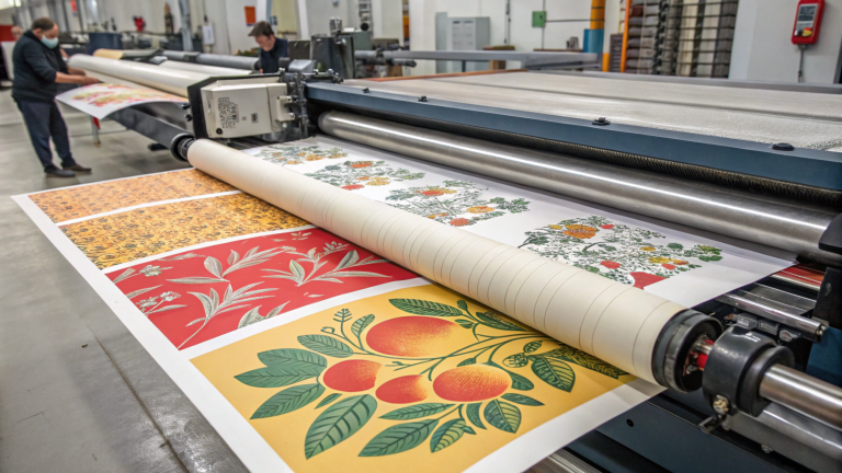 A large-scale printing machine in an industrial setting, rolling out sheets of paper adorned with colorful floral and fruit designs. Workers are seen in the background supervising the process, ensuring quality control. The vibrant patterns highlight the machine's precision and efficiency.