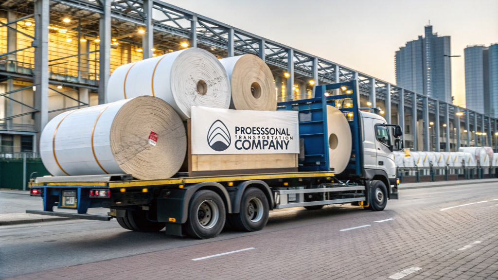 一辆运载大卷纸的运输卡车，标有“专业运输公司，" 开车经过一个工业区。该场景以现代化仓库为特色，内部照明明亮，背景是摩天大楼，突出了城市工业区的物流运作。