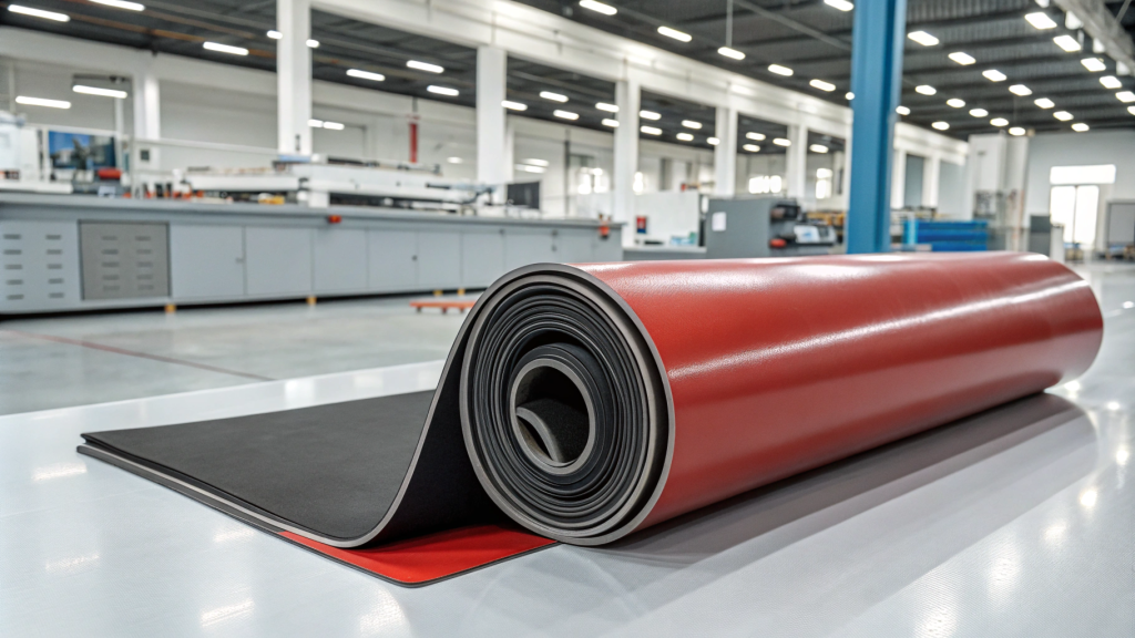 干净的白色工业工作表面上整齐卷起的耐用红色和黑色橡胶材料片的特写视图。背景展示了现代化、宽敞的工厂环境，配有明亮的灯光和机械，强调高科技和有组织的生产环境。