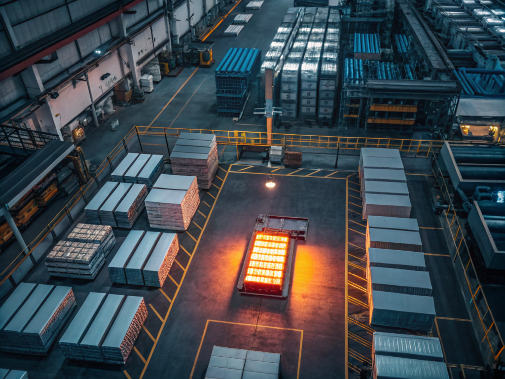 a printing rubber blanket factory floor, capturing the intricate layout of machinery, conveyor belts, and storage areas filled with stacked rubber sheets