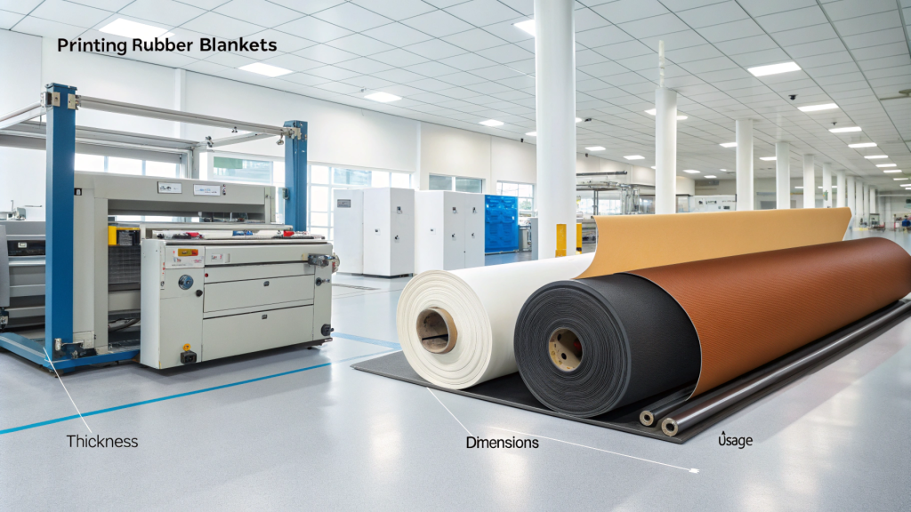 干净的工厂车间里展示着三卷不同颜色（白色、黑色和棕色）的印刷橡皮布。标记特征，例如“厚度，" “方面，" 和“使用" 突出产品的关键方面。背景中，先进的机械设备和明亮、井然有序的工业环境清晰可见，强调了专业环境和产品应用。