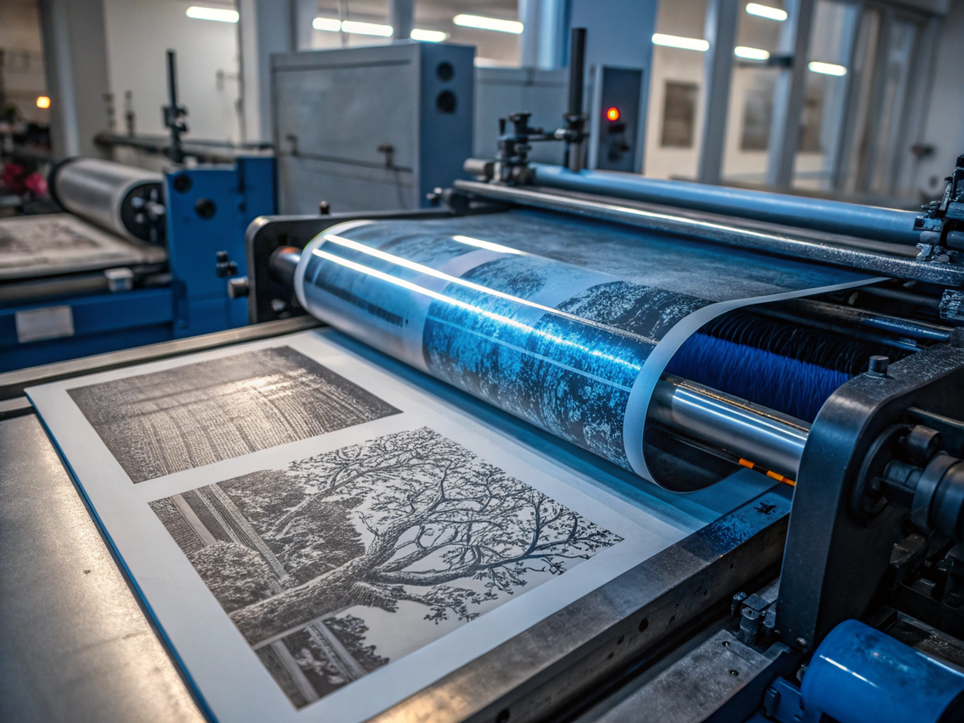 an offset lithography machine, focusing on the rubber blanket receiving inked images from the printing plate, intricate textures of the ink and rubber visible, high-tech machinery in the background