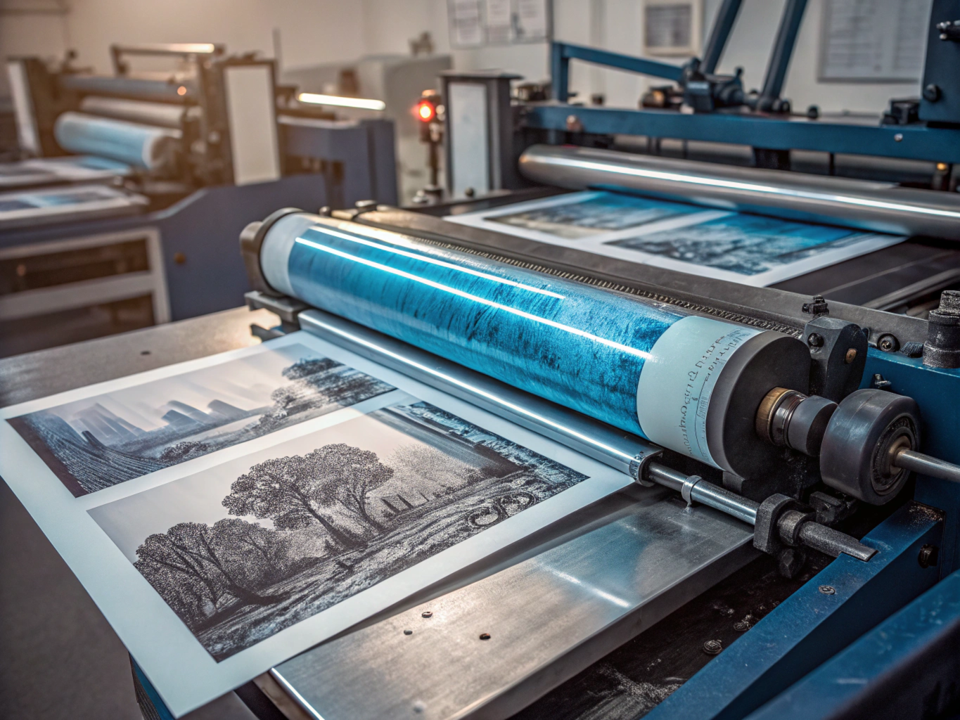 胶印机,重点关注从印版接收油墨图像的橡胶毯,油墨和橡胶的复杂纹理可见,背景中的高科技机械