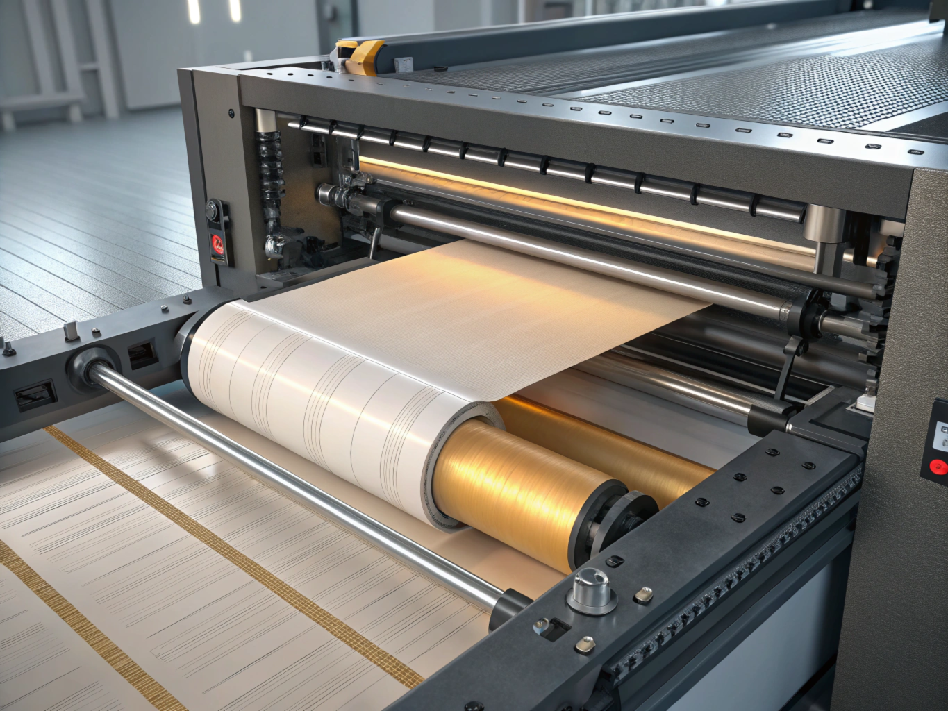 an offset printing machine, showcasing the rubber blanket protecting the printing plate