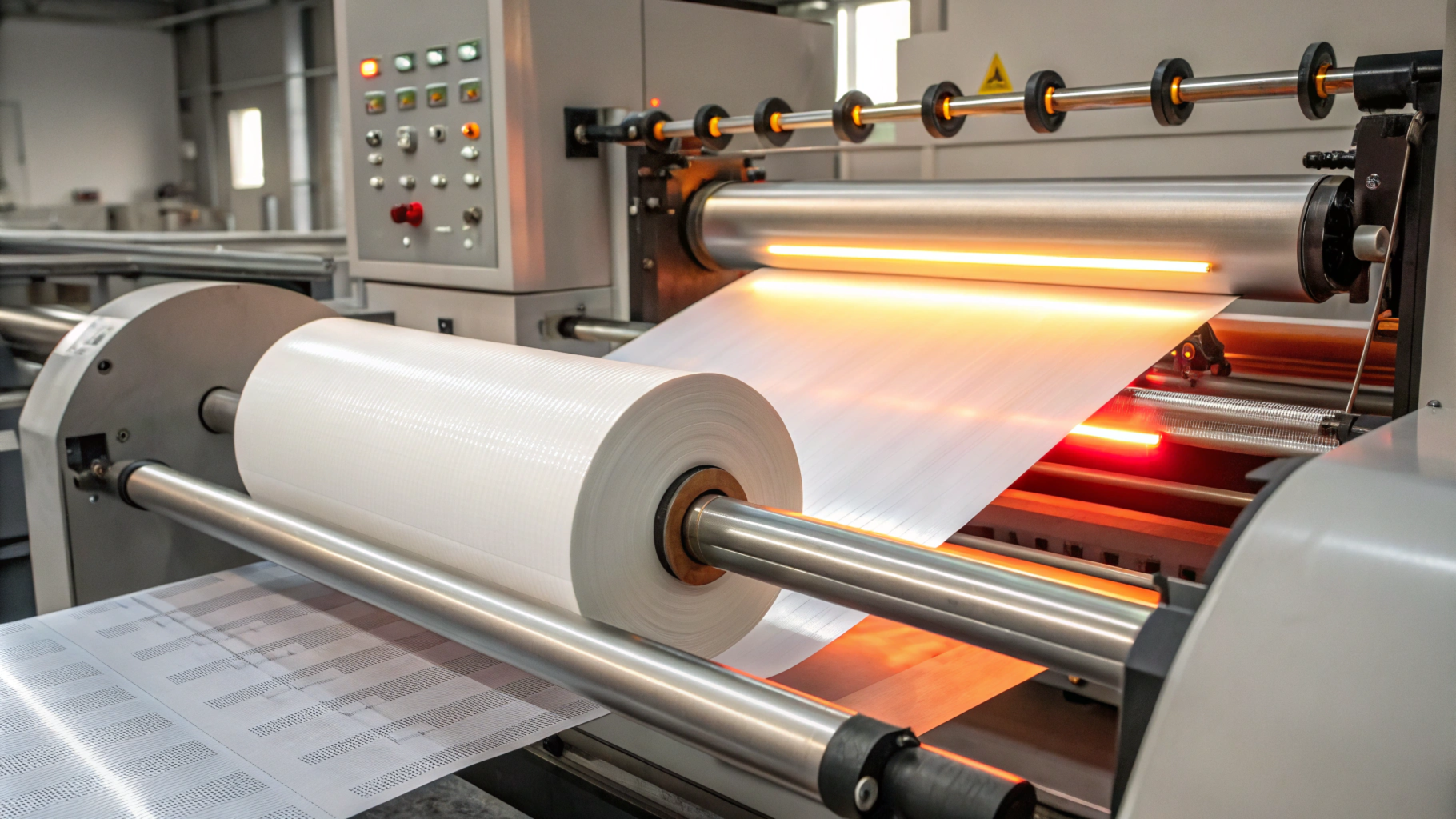 une machine à plastifier le papier, des feuilles de papier passant dans des rouleaux de plastification,