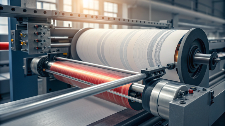 Close-up of a printing press showcasing precision-engineered rollers in operation. The white material is fed through the machine, while a red-toned cylinder provides contrast, suggesting dynamic movement and heat. The industrial setting is illuminated by natural light streaming through large windows, emphasizing the high-tech and professional environment.