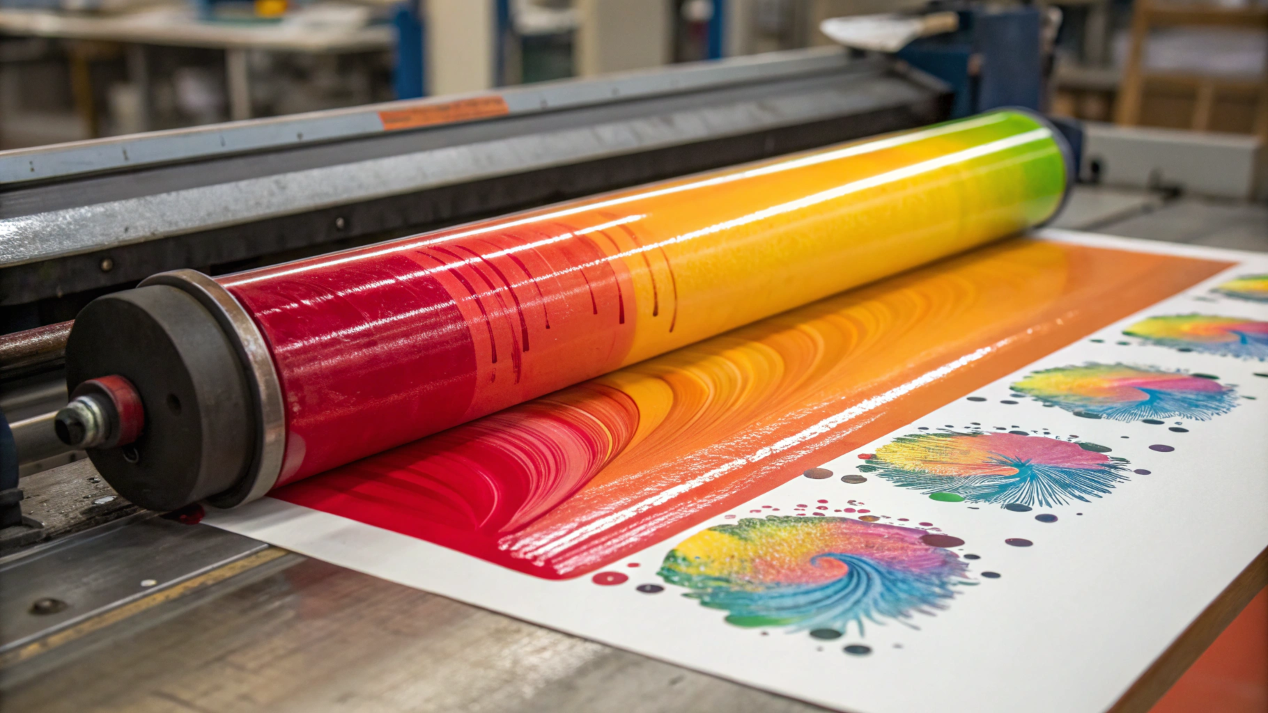 Close-up of a printing press roller coated with a gradient of vibrant colors transitioning from red to yellow to green. Below the roller, colorful swirling patterns are being transferred onto white paper, showcasing the precision and richness of the printing process. The industrial setting highlights a professional printing environment.
