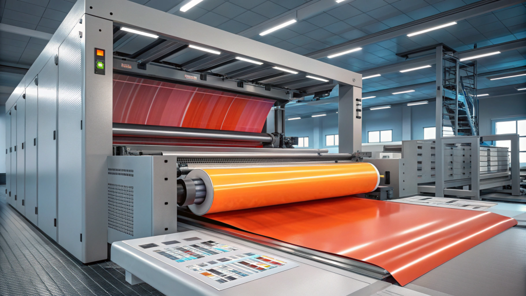 现代工业打印机加工高科技设施中充满活力的橙色材料。