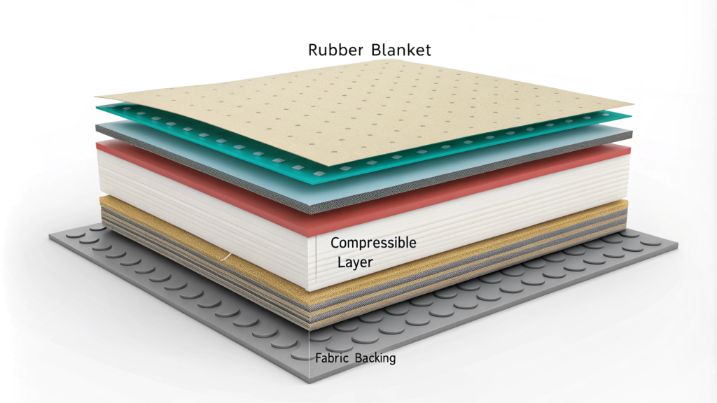 显示橡胶毯各层的剖视图，包括可压缩层和织物背衬。