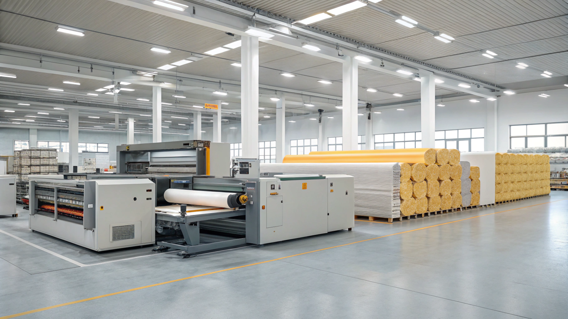 Spacious industrial facility with large-scale printing equipment and stacked rolls of material.