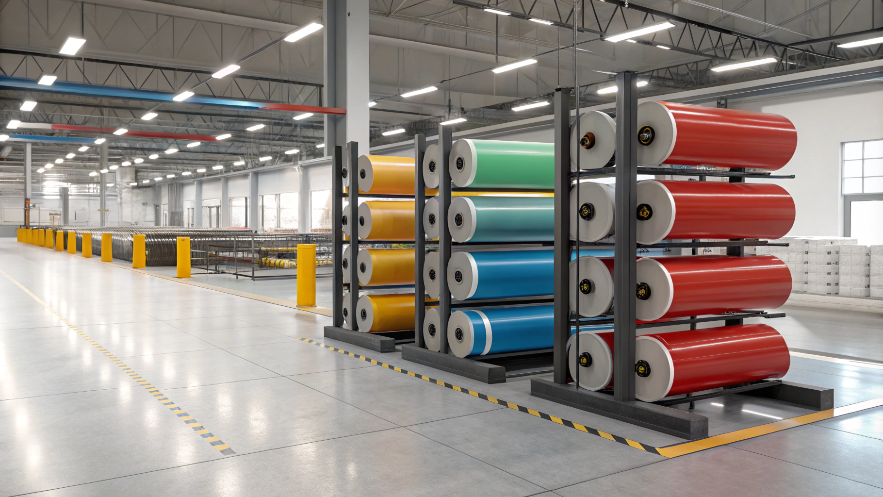 Industrial warehouse with neatly stacked rolls of colorful material on racks in a well-organized setting.