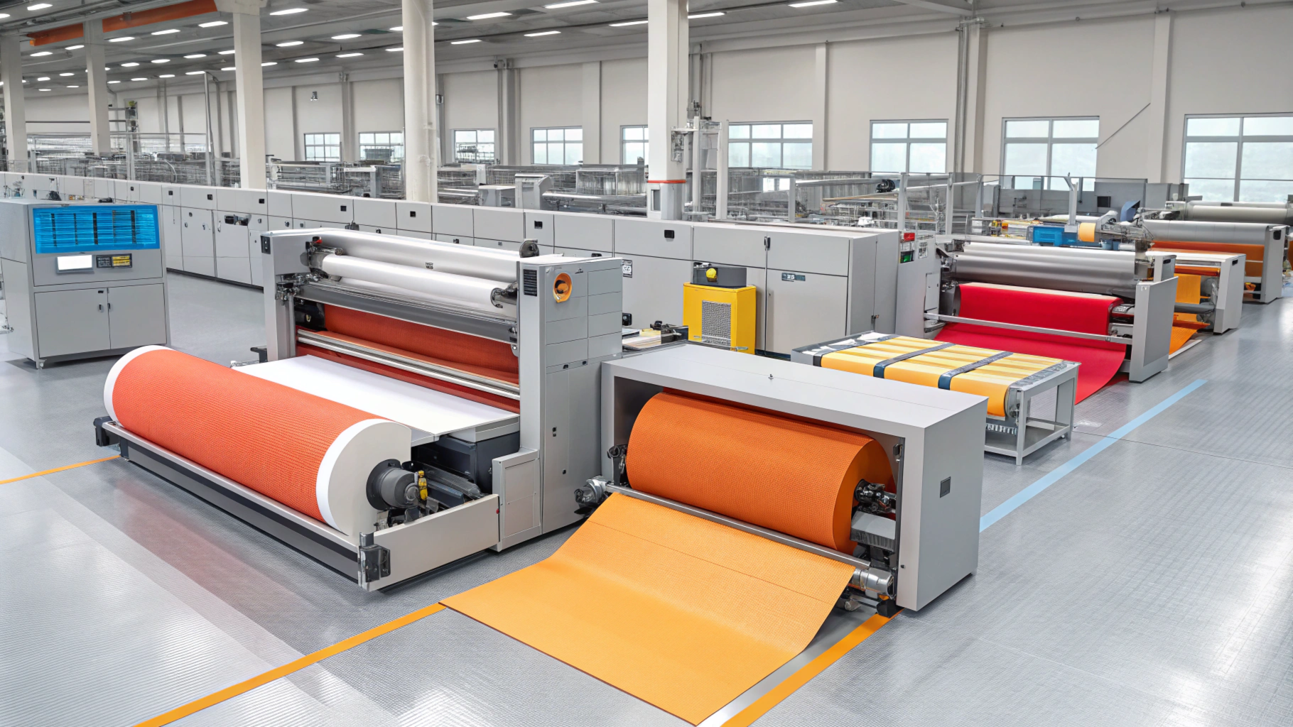 Industrial machines processing colorful fabric rolls in a spacious and organized factory setting.