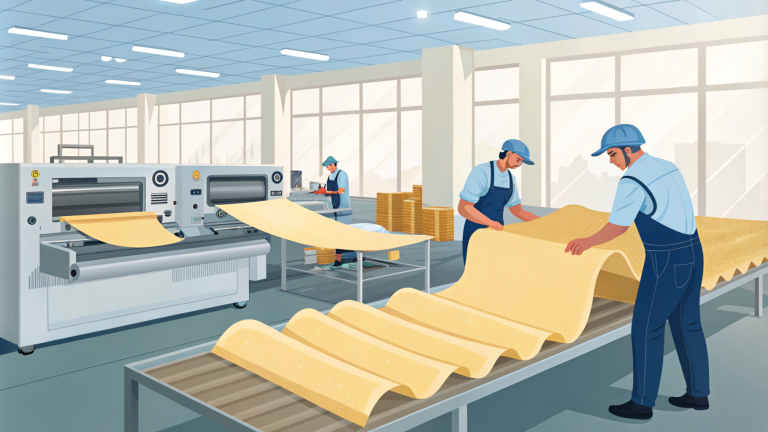 Illustration of workers processing paper sheets using industrial machines in a bright factory environment.