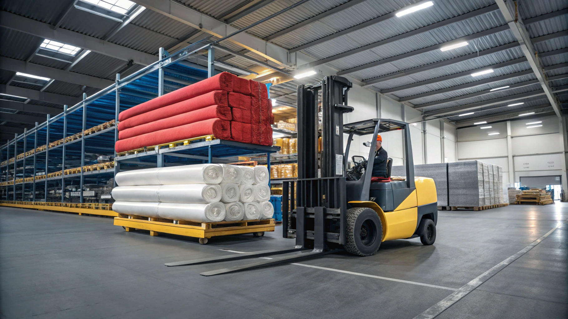 Forklift moving red and white fabric rolls in a spacious industrial warehouse with organized shelving.