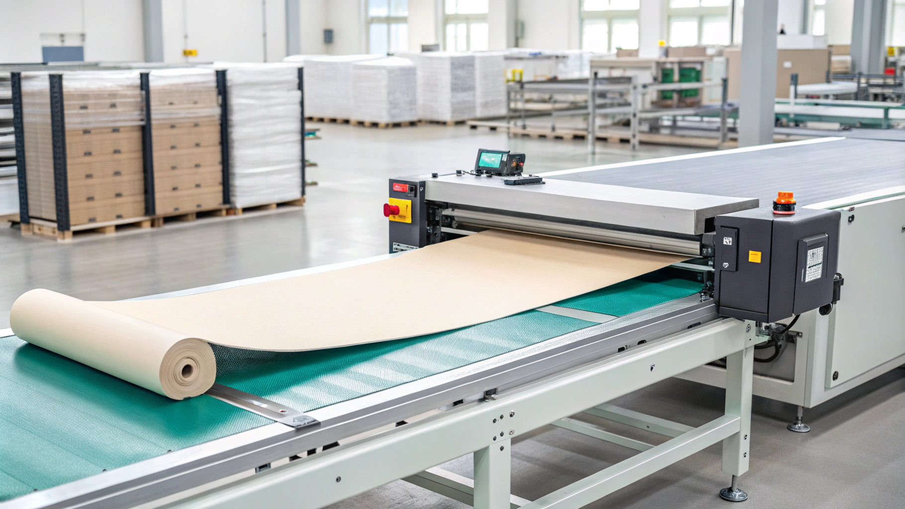 Industrial machine processing a roll of beige fabric on a conveyor belt in a clean factory environment.