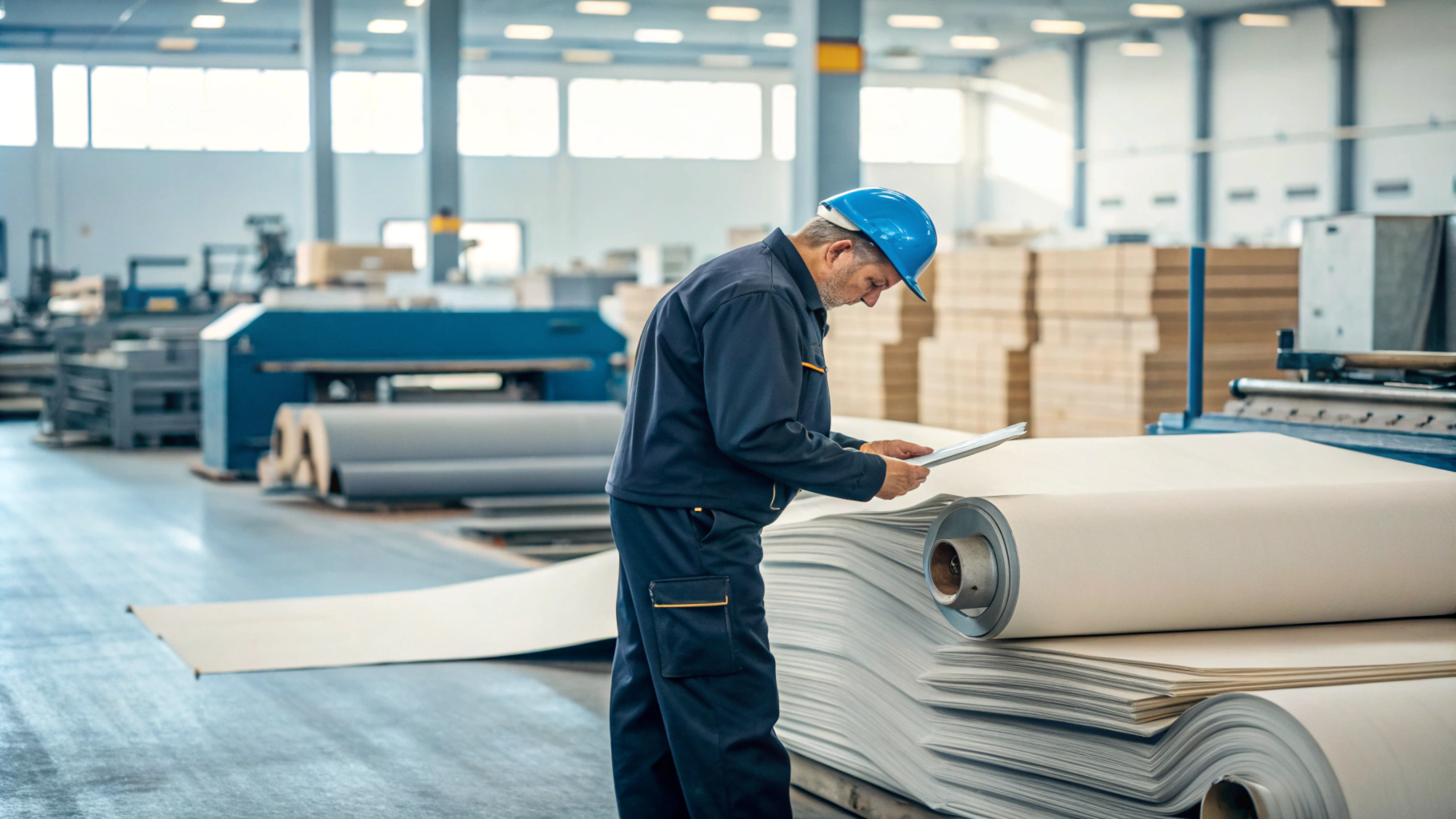 An industrial worker wearing a blue hard hat and uniform examines a clipboard near stacked rolls of beige fabric in a spacious, brightly lit factory.