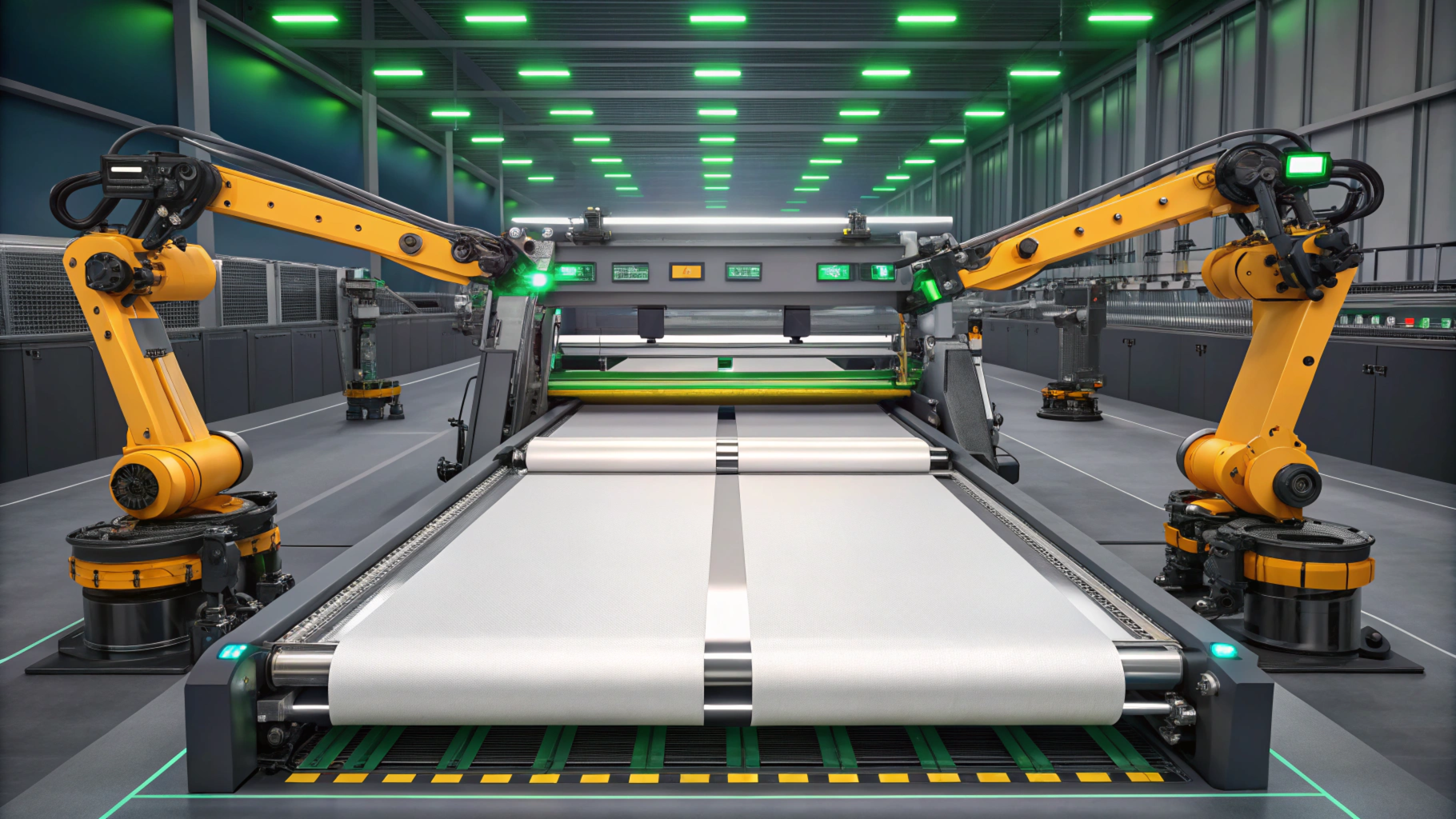 A state-of-the-art industrial setup featuring two yellow robotic arms managing fabric rolls on a high-tech conveyor system. The facility is illuminated with green overhead lighting, highlighting precision and automation.