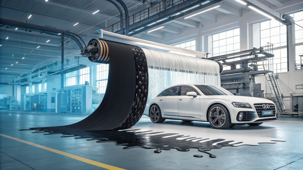 在未来派生产过程中，在工厂环境中带有滚动材料的白色汽车。