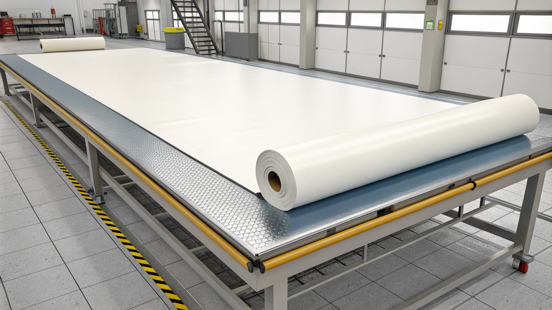 制造工厂的切割台上放着大卷工业白色织物。