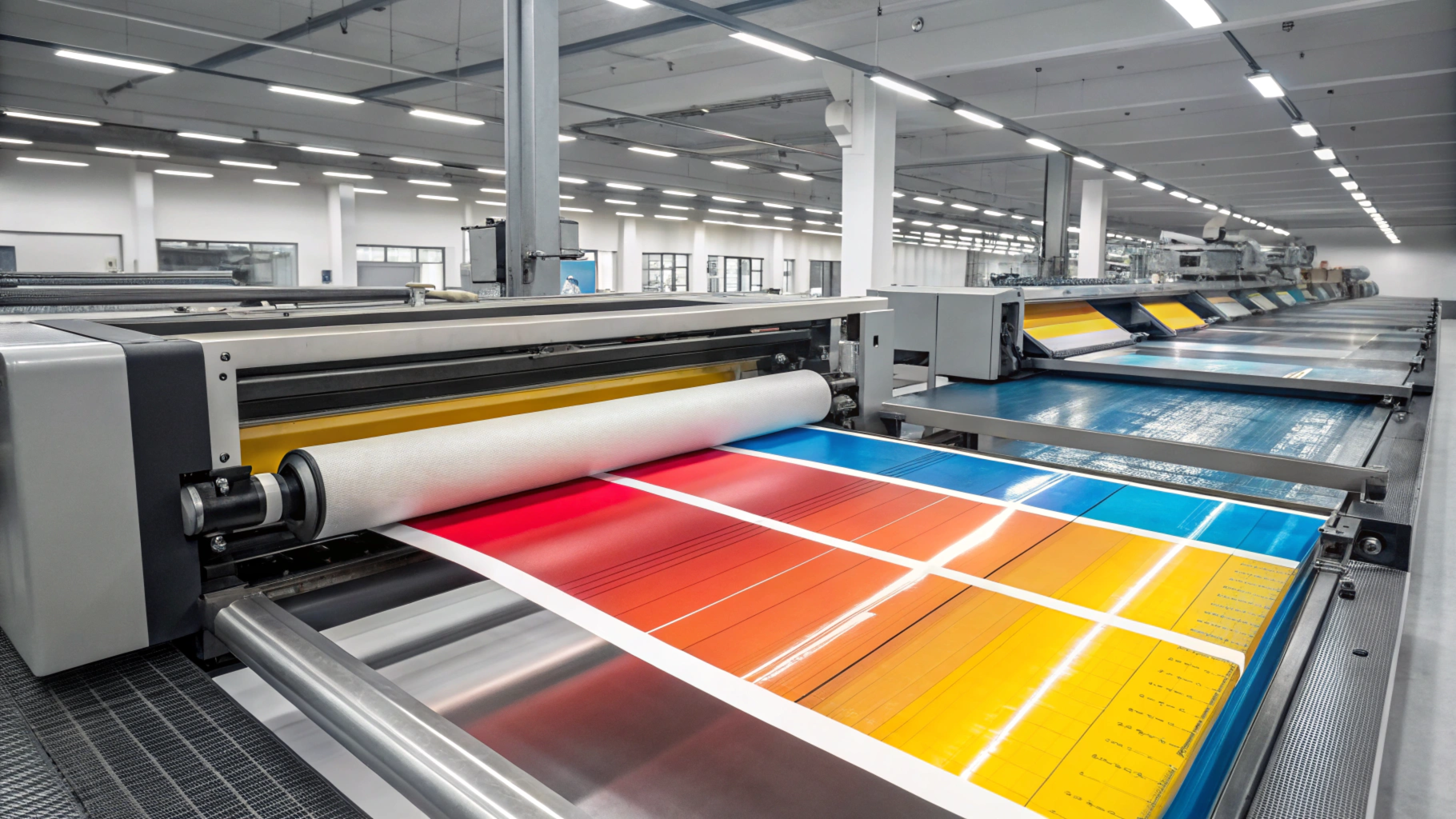 大型工业印刷机在工厂环境中在纸上产生充满活力的彩色印刷品。