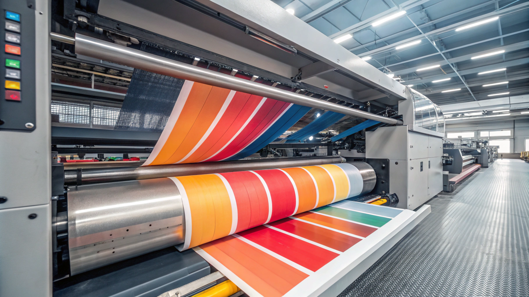 工业印刷机在工厂环境中在纸张上生产色彩鲜艳的多色印刷品。