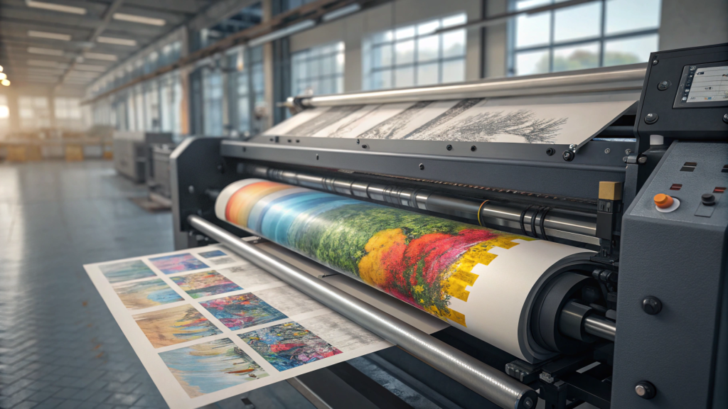 大型工业打印机可在光线充足的工厂环境中打印出充满活力、细致的艺术印刷品。