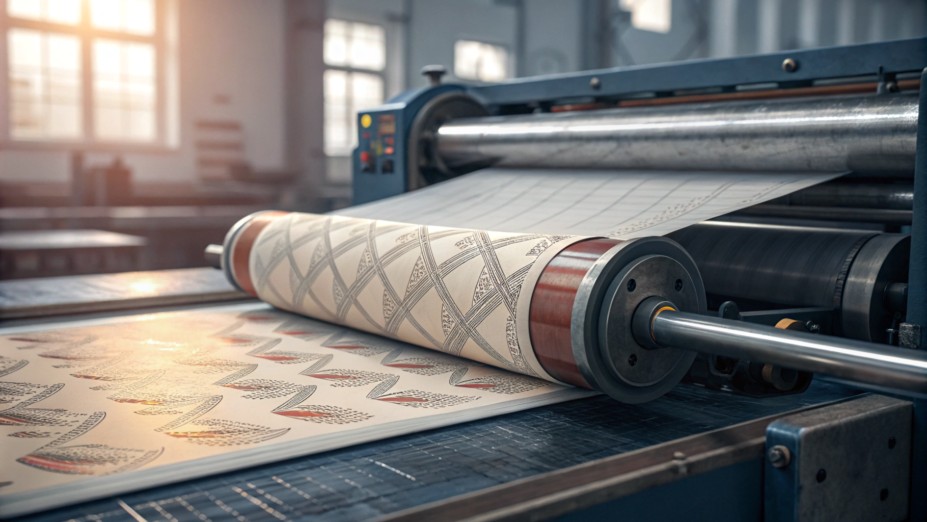 Close-up of an industrial printing machine producing intricate patterns on paper in a factory setting.